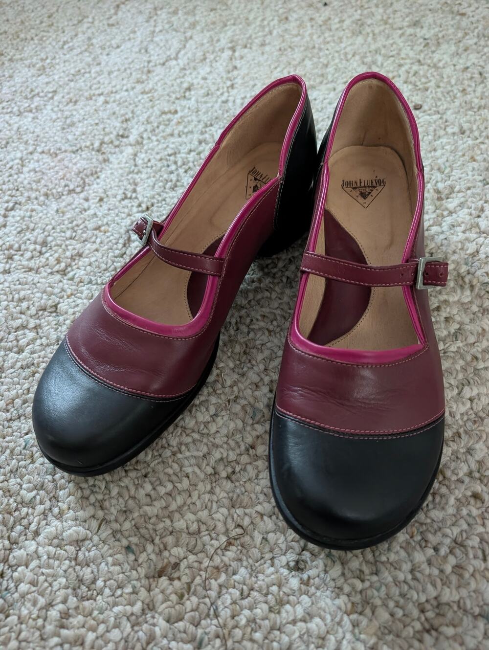 Fluevog Sandra Fellowship Mary Janes - Size 10.5, Black and Burgundy